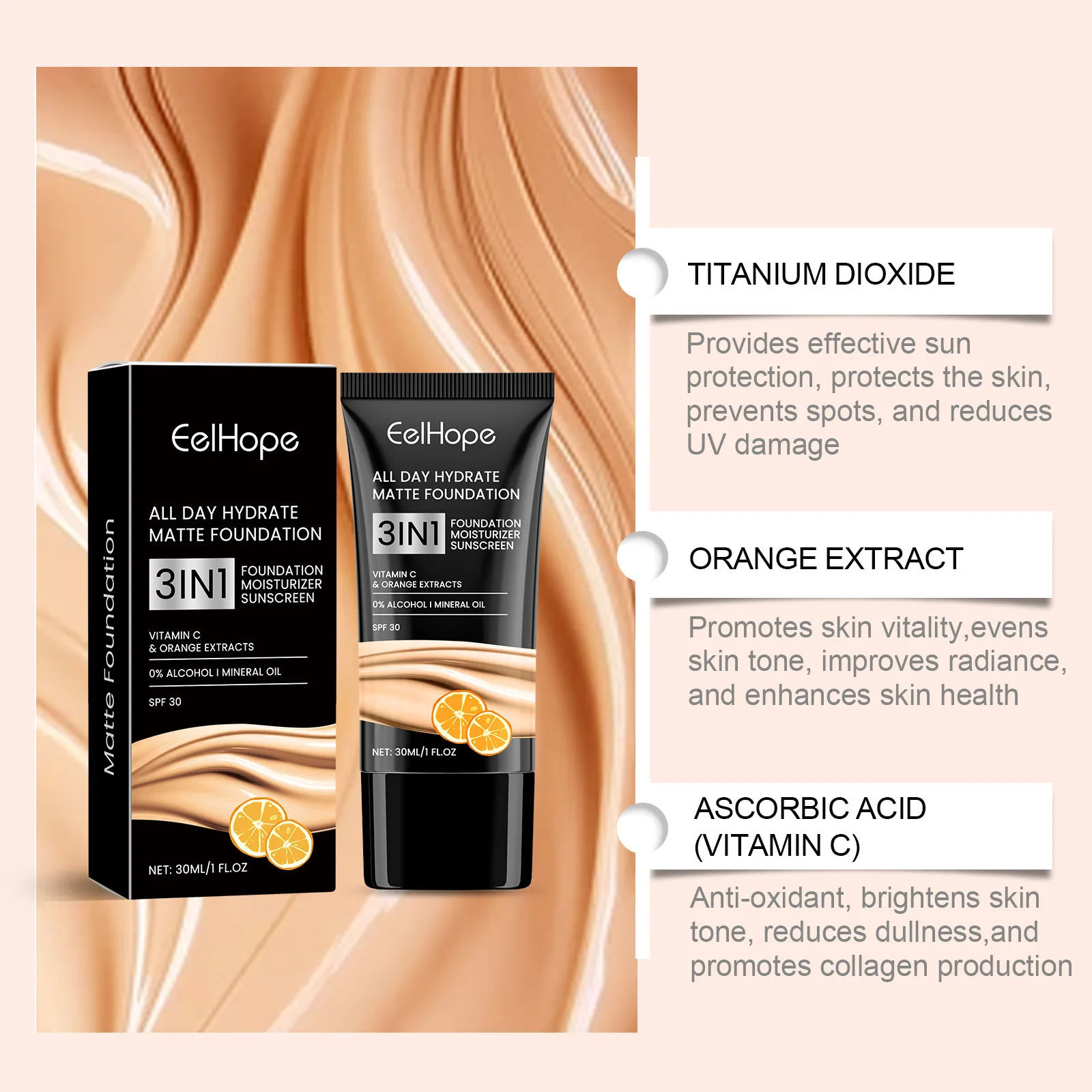 EELBathroom-Fond de teint liquide à la vitamine C, 30g, hydratant, couvre les pores, correcteur de maquillage