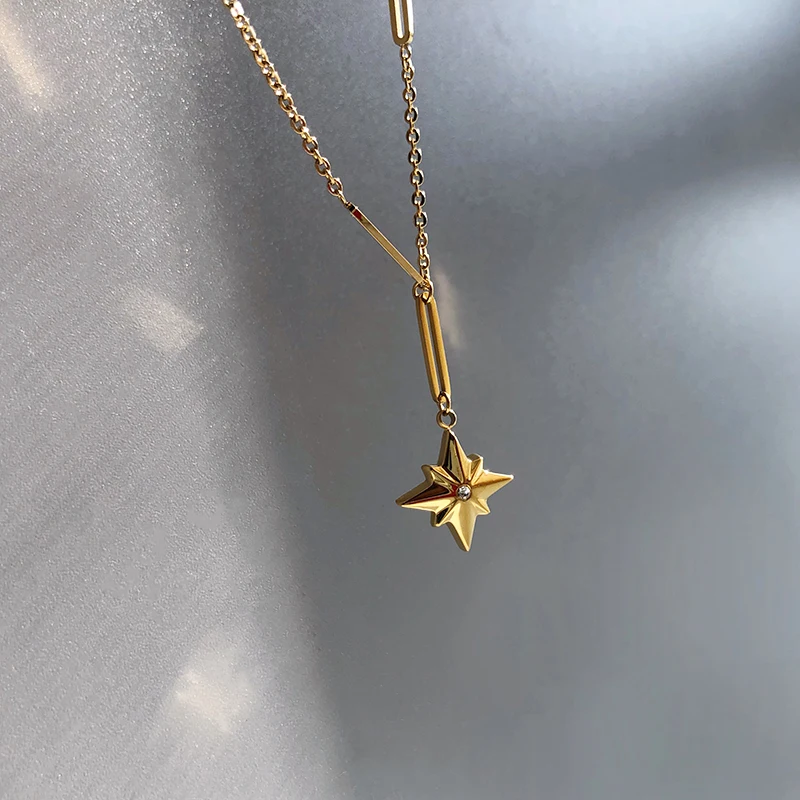Titanium Geo Zircon Star Necklace Women Stainless Steel Jewelry OL Designer T Show Runway Boho Japan Korean