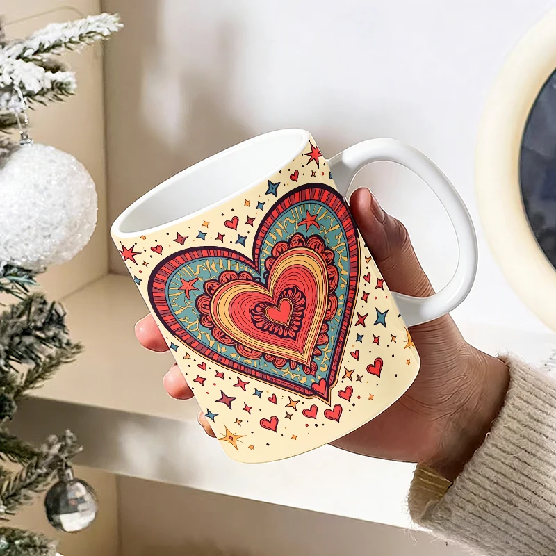 

11oz Retro Mandala Layered Heart Ceramic Mug with Handle, Creative Coffee Mug,Insulated Milk Cup, Office Tea Cup, Fade-Resistant