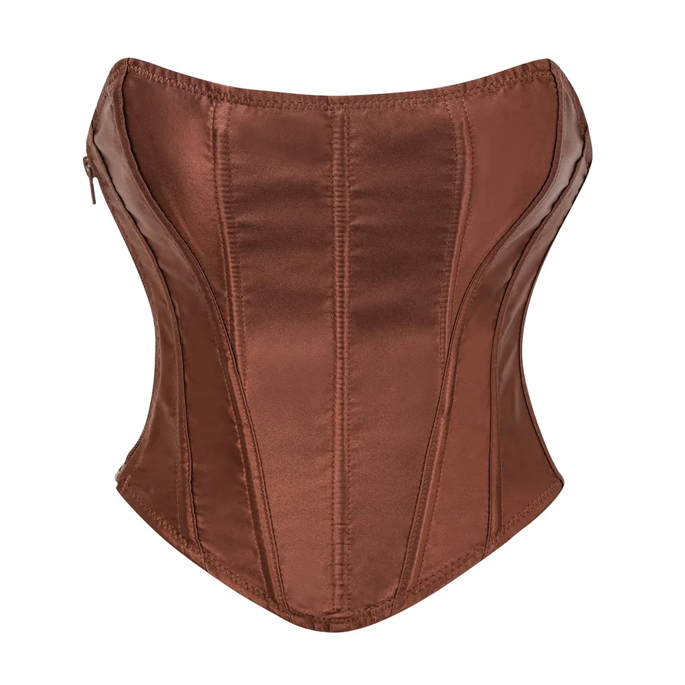 

Сексуальный атласный корсет без бретелек с открытыми плечами, укороченный топ для женщин, коричневый бюстье на шнуровке, элегантный женский модный топ-боди для коррекции фигуры