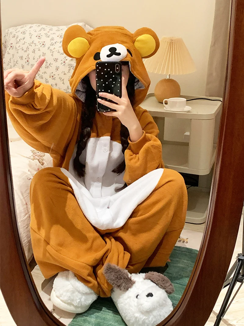 

Женская одежда для сна с милым рисунком Rilakkuma, зимний теплый комбинезон, милая повседневная домашняя одежда с капюшоном, удобная одежда для косплея, подарки
