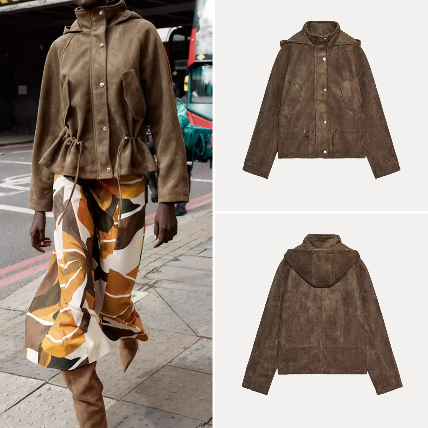 

Fall 2025 Women's Faion Stand Collar Faux Leather Effect Hooded Jaet Coat Z Stand Fit Long Sve ort Length Bu...