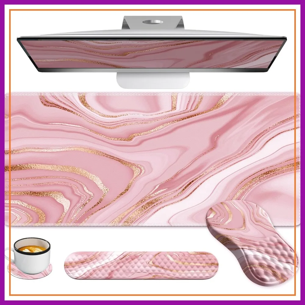 

Large Desk Mat with Mouse Pad and Memory Foam Wrist Rest, Smooth Surface, Non-Slip Base, 35.4 x 15.7 in