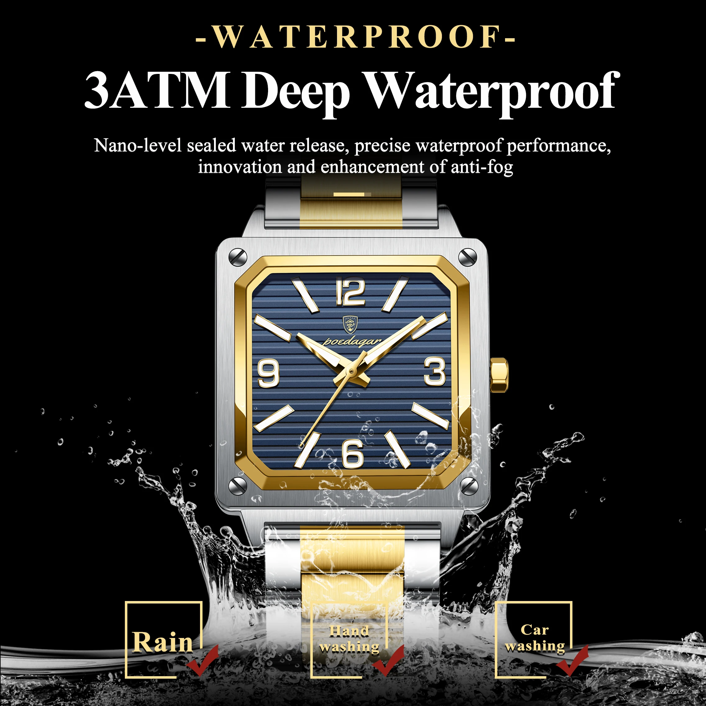 POEDAGAR الفاخرة ساحة رجل ساعة اليد الفولاذ المقاوم للصدأ كوارتز ساعة رجالي مقاوم للماء مضيئة الساعات الرياضية للرجال Reloj hombre