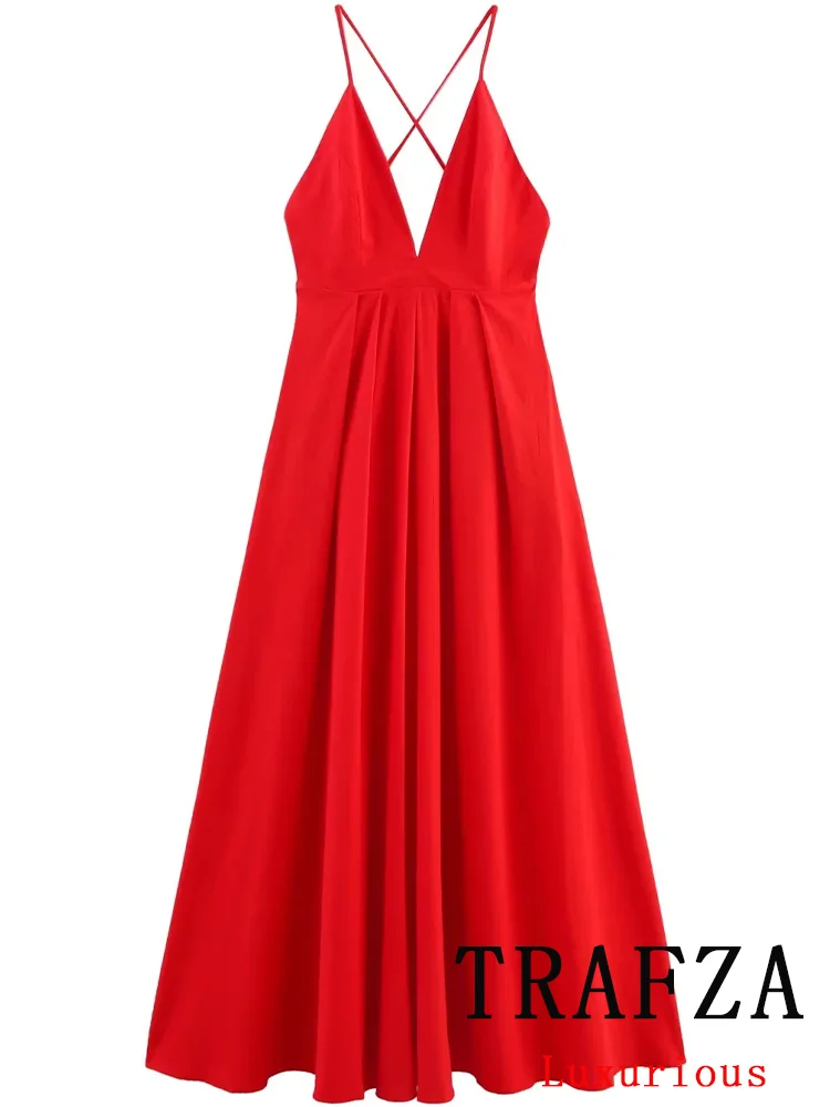 

TRAFZA Sexy Hotsweet Chic Solid Women Dress Backless Zipper Long Camisole Dress New Fashion 2025 Spring Summer Holiday Dress