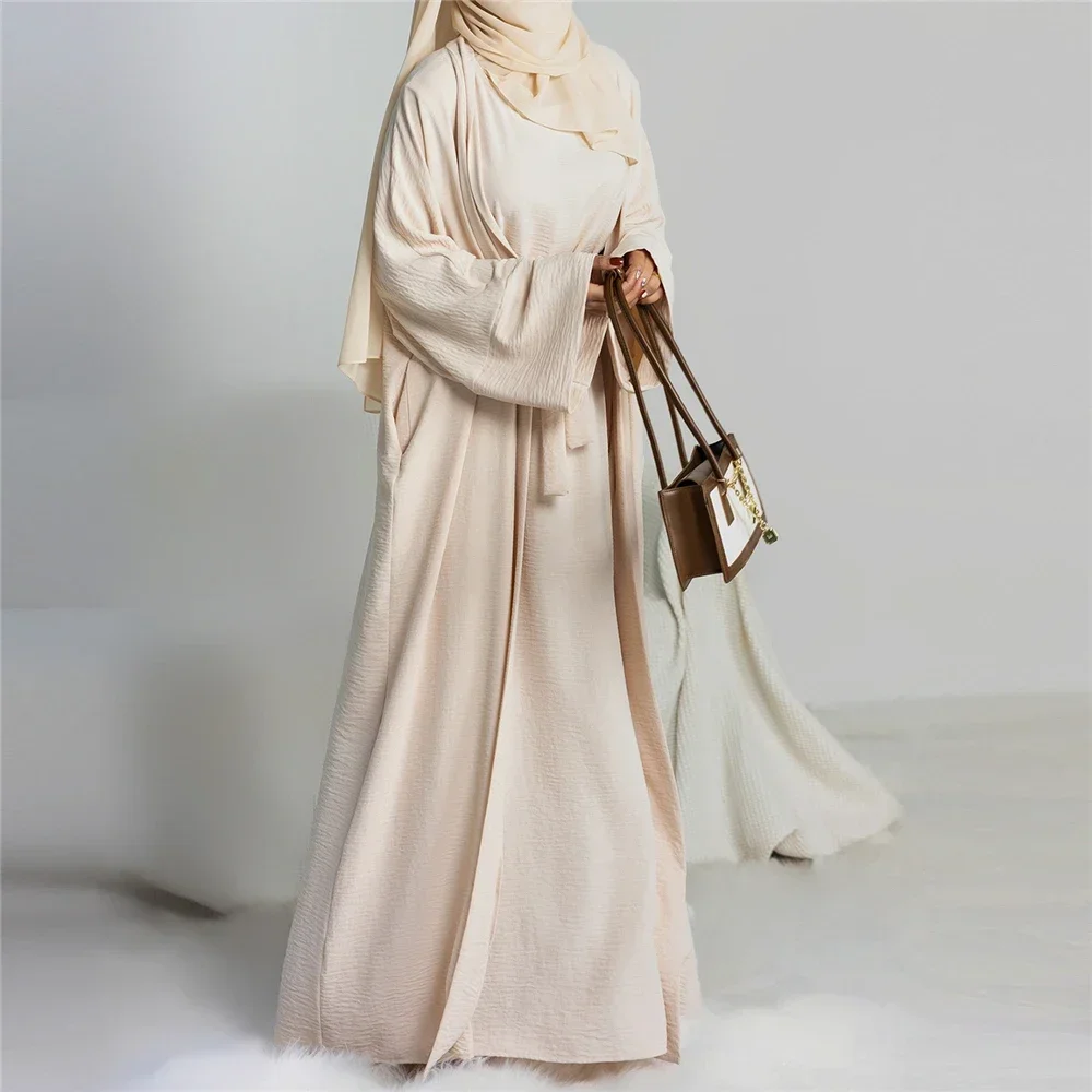 2 Piece Ramadan Open Abayas Dubai Sets Muslim Women Kimono Sleeveless Dress Set Turkey Islamic Arab Cardigan Caftan Robe Outfits