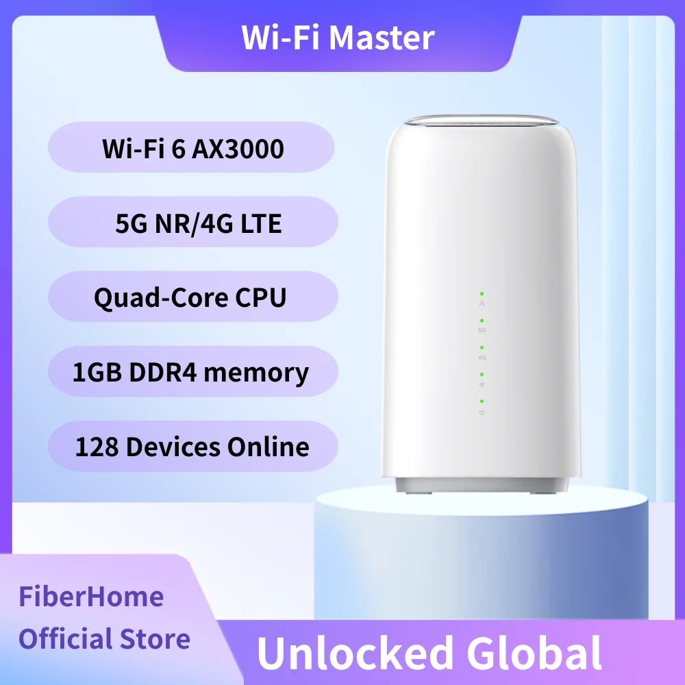

FiberHome 5G CPE Air AX3000 WiFi 6 Router - Unlocked 4G/5G SIM Slot, 50 Devices Support for UAE Saudi Hot Weather