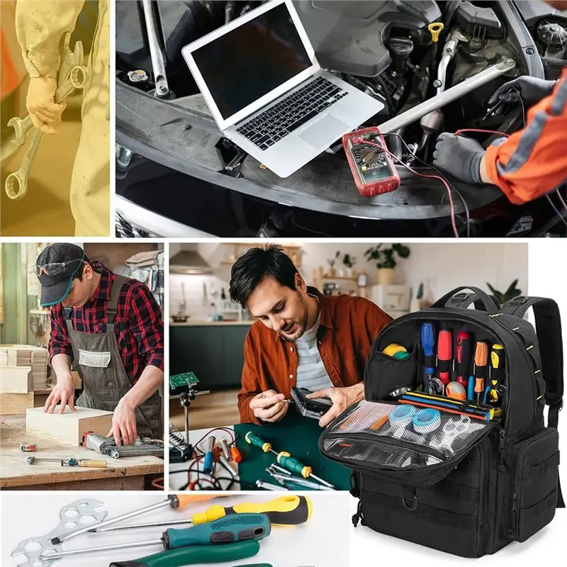 A85M 공구 보관 가방 남성용 3개의 공구 파우치 포함, 패딩 처리된 어깨 및 허리 지지대가 있는 공구 가방 백팩