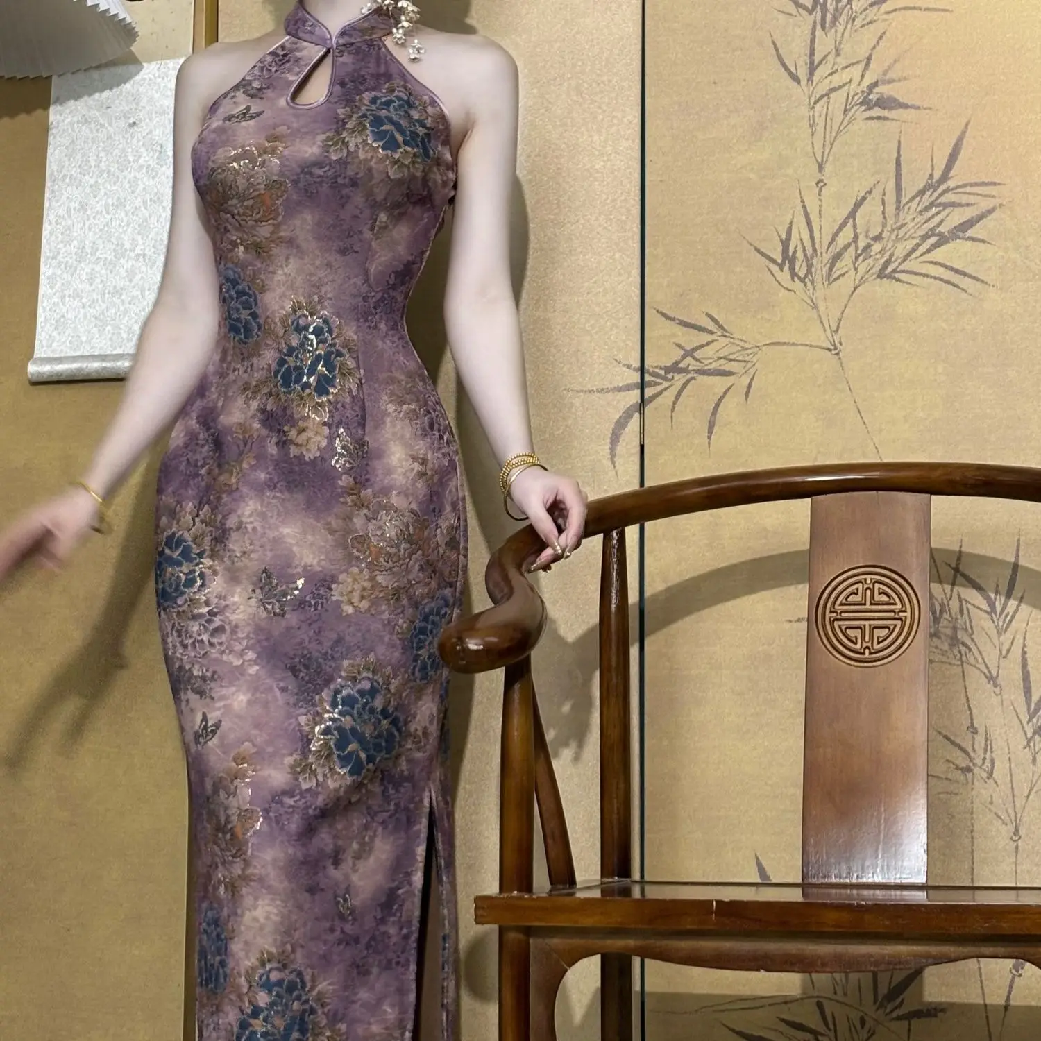 

Cheongsam Purple Dress Spring and Summer New Chinese Style National Style Water Drop Collar Printed Flower Long Dress