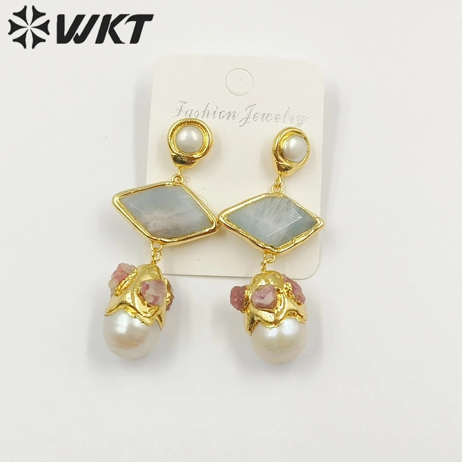 WT-MPE101  WKT 2023 Retro party pearl & Aqua marine& sun stone lady earring birthday celebration fashion design earring jewelry