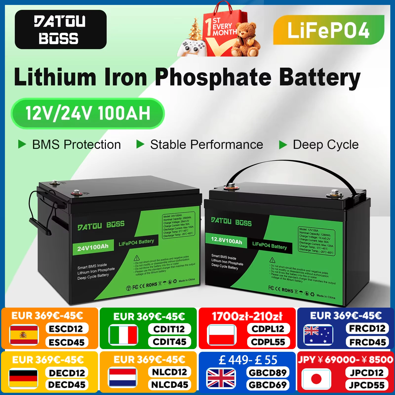 

DATOUBOSS 12V24V100A Lithium Battery LiFePO4 Rechargeable BMS For Solar System Home Outdoor Travel Local Warehouse Fast Shipping