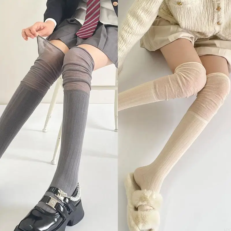 

L5YC Women's High Knee Socks Fashion Patchwork Solid Thigh High Socks Cotton Stockings Vertical Stripe over Knee Socks