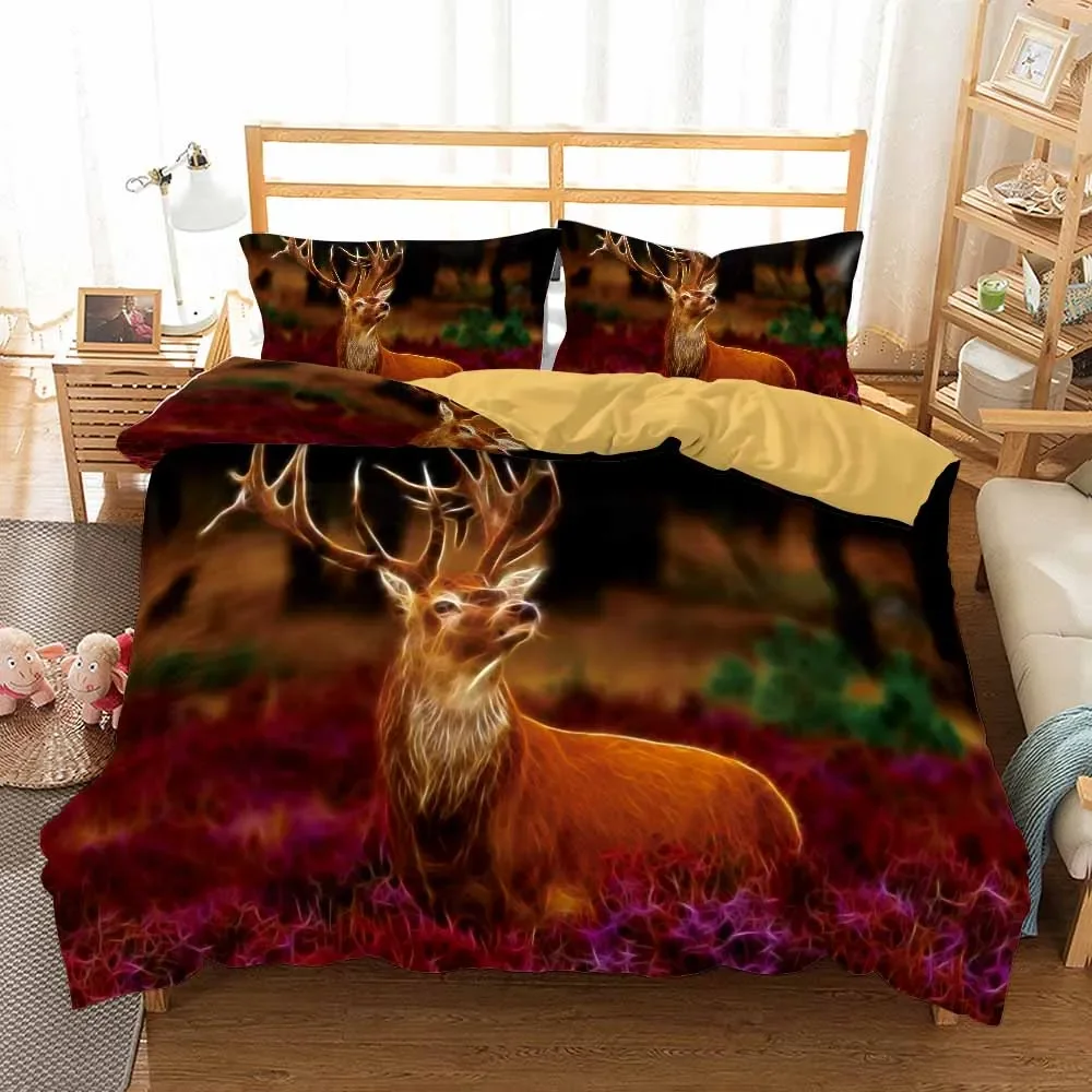 

US Size Bedding Queen King Size 2/3Pcs Deer And Flowers Autumn Leaves Duvet Cover Sets Pillow Shams Single Double Kids Bed Set