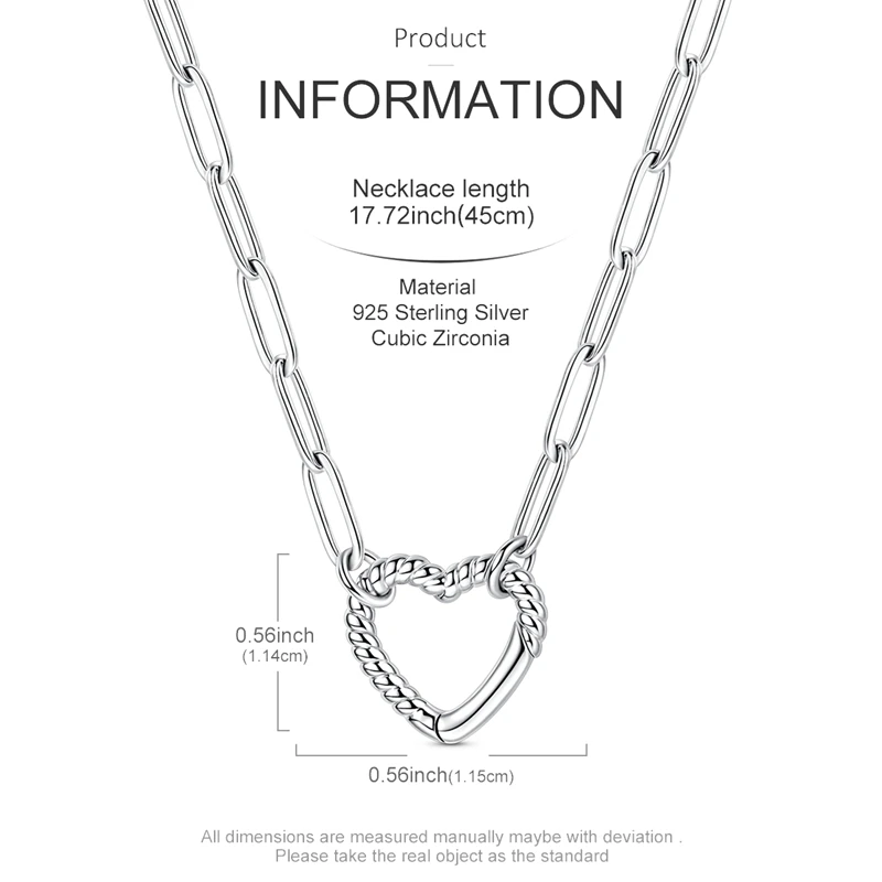 925 Sterling Silver Heart Openable Pendant Necklace Rope Texture Rectangle Link Chain Fashion Jewelry Gift for Women