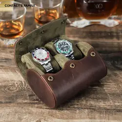 CONTACT'S FAMILY Vintage Genuine Cow Leather 2 Slots Watch Roll case Travel Portable Watches Storage Organizer Box