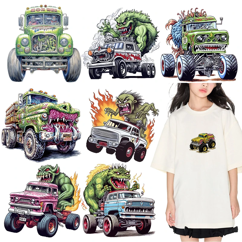 

Monster hiding on the truck dtf transfers ready to press Heat Transfer On Clothes iron on heat transfer Childrens clothing Patch