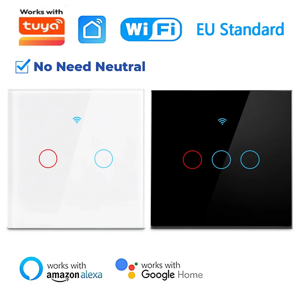 

WiFi Smart Wall Touch Switch No Neutral Wire EU Standard Works with Tuya Alexa Google Home 1/2/3 Gang