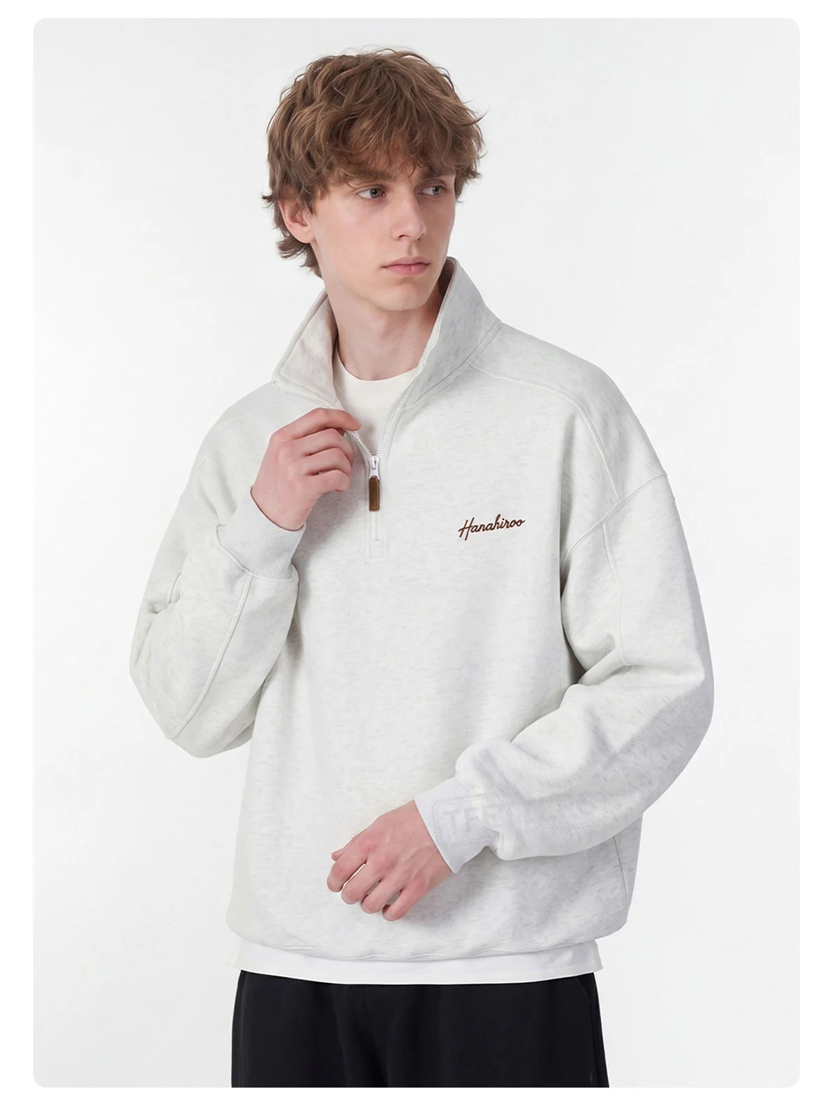 TFETTERS Fall Loose Cotton Half Zip Sweatshirt for Men Heather Gray Stand Collar Minimal Embroidered Casual Tops for Man EU SIZE