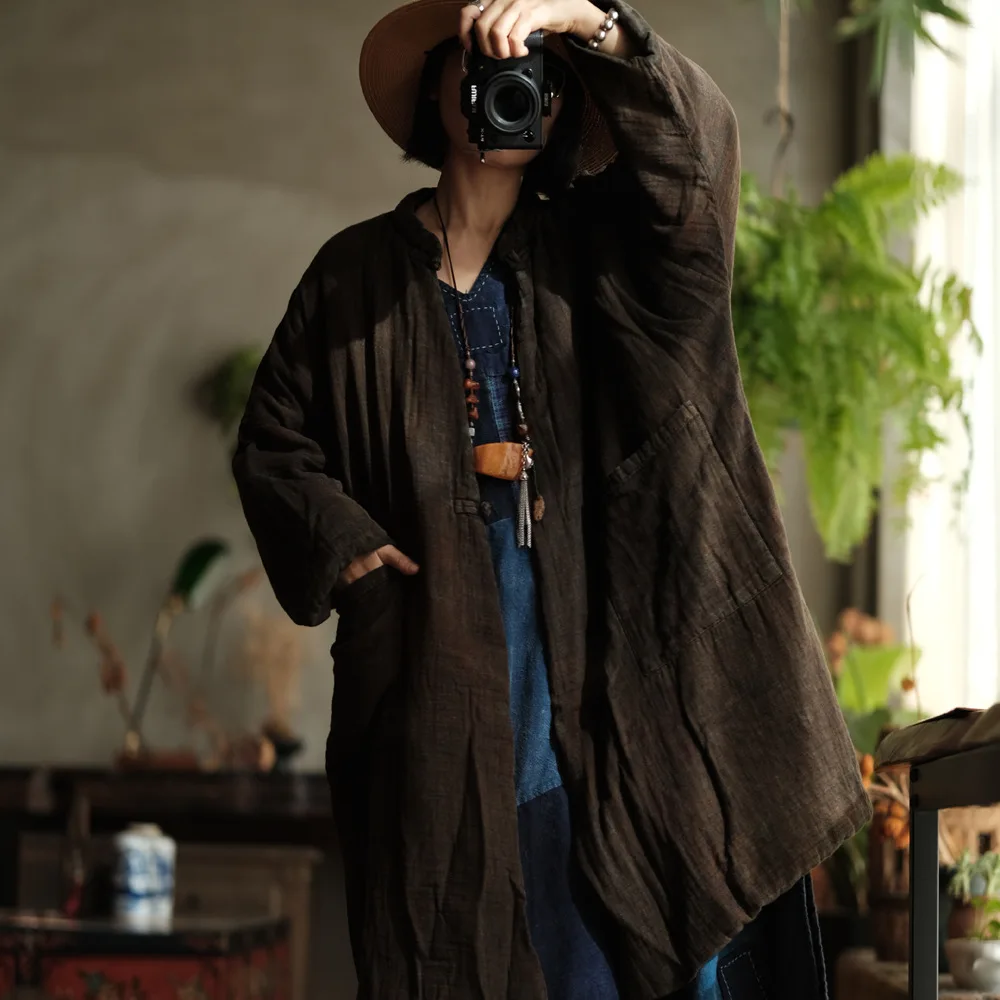 

100% Cotton Thick Trench Coats Women New Arrival 2024 Winter Vintage Style Stand Collar Loose Female Casual Long Jackets M155