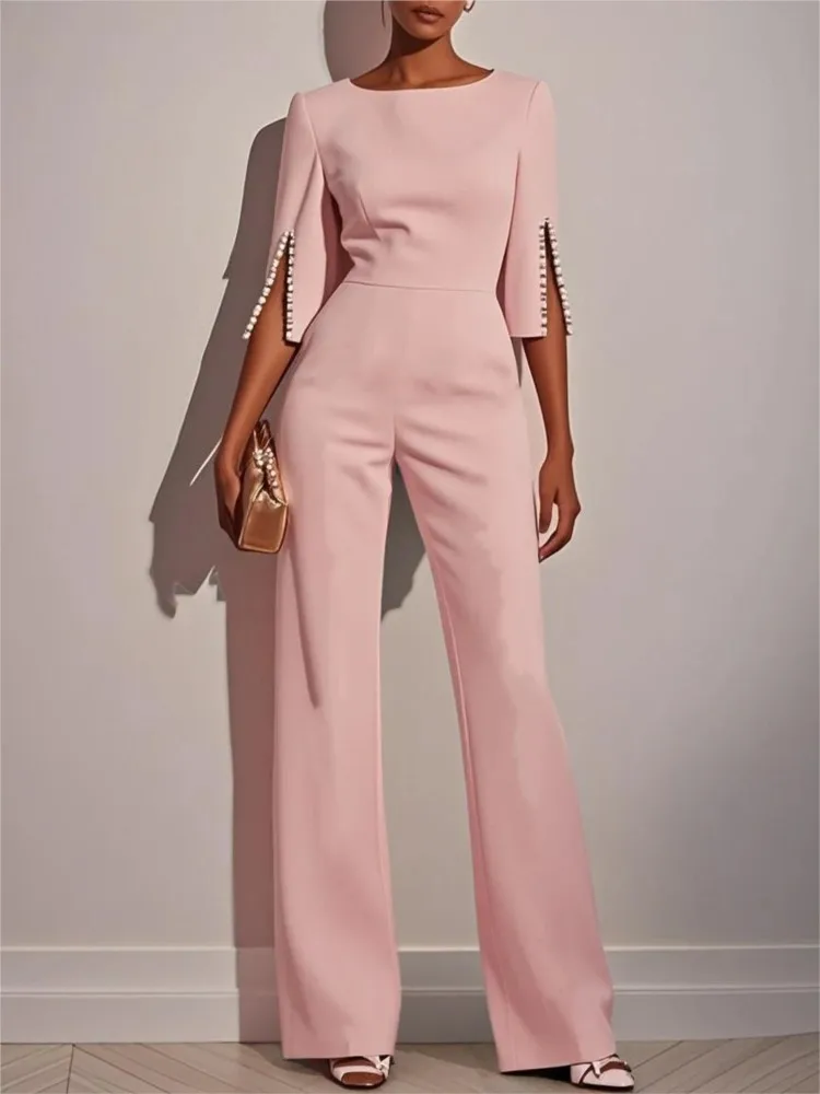 Female Elegant Long Pants Jumpsuits Spring & Autumn New Solid O-neck High Waist Beaded Decor Slim Jumpsuit For Women's Clothing