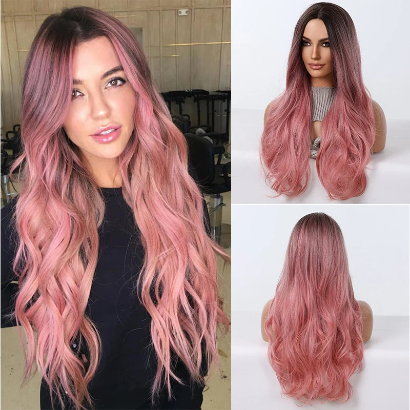 New European American style women's middle-parted pink curly hair fashionable voluminous synthetic wig full headpiece