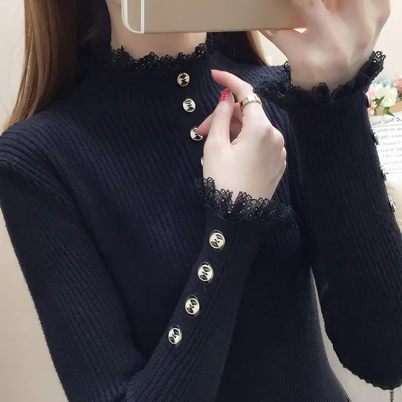 Lace Half High Neck Sweater Bottom Women's Autumn Winter Slim New Solid Color Long Sleeve Patchwork Button Pullover Sweater Tops