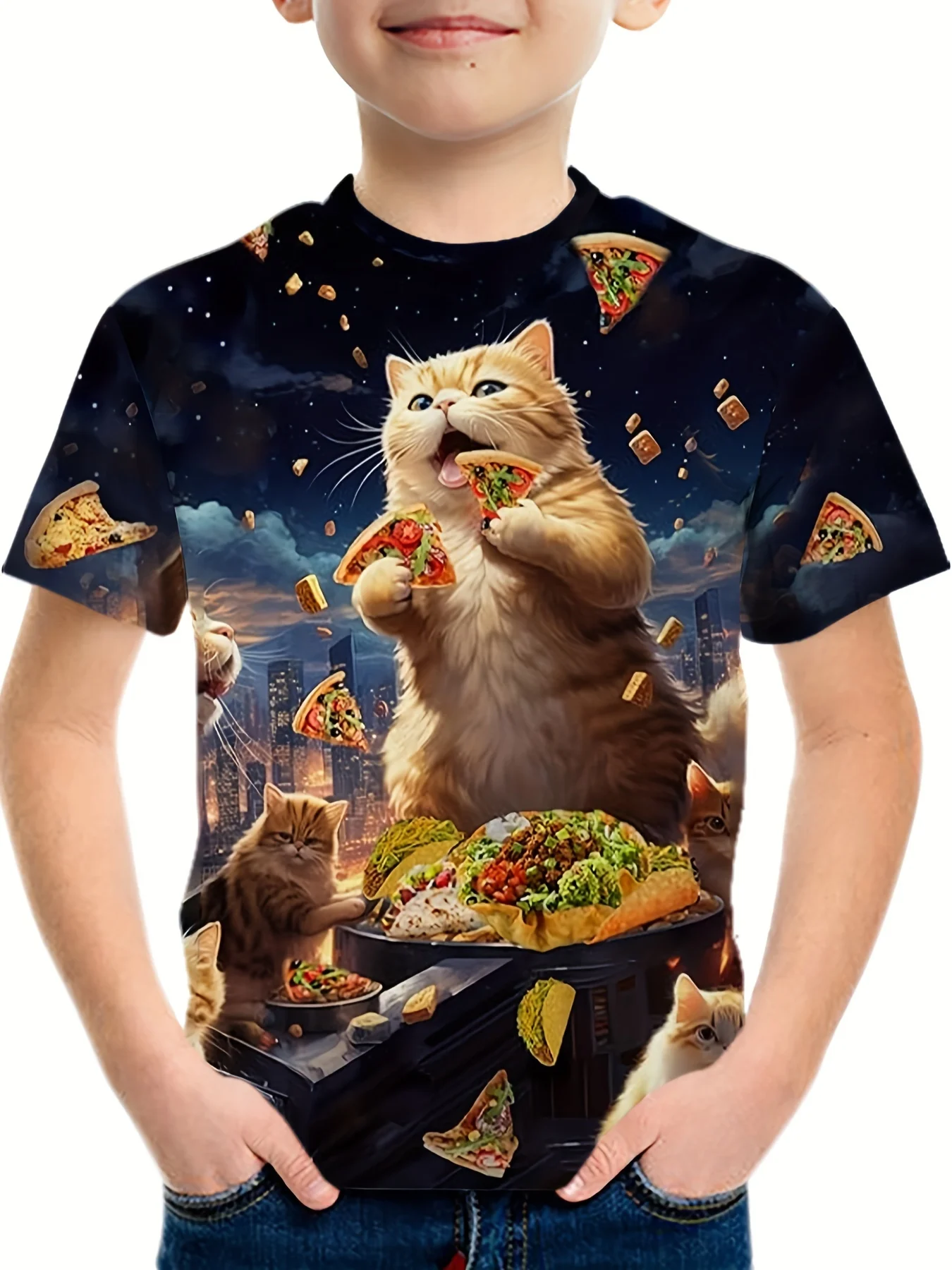 Cat Eating Pizza 3D Print Boy's Creative T-shirt, Casual Lightweight Comfortable Short Sleeve Top, Summer Clothes