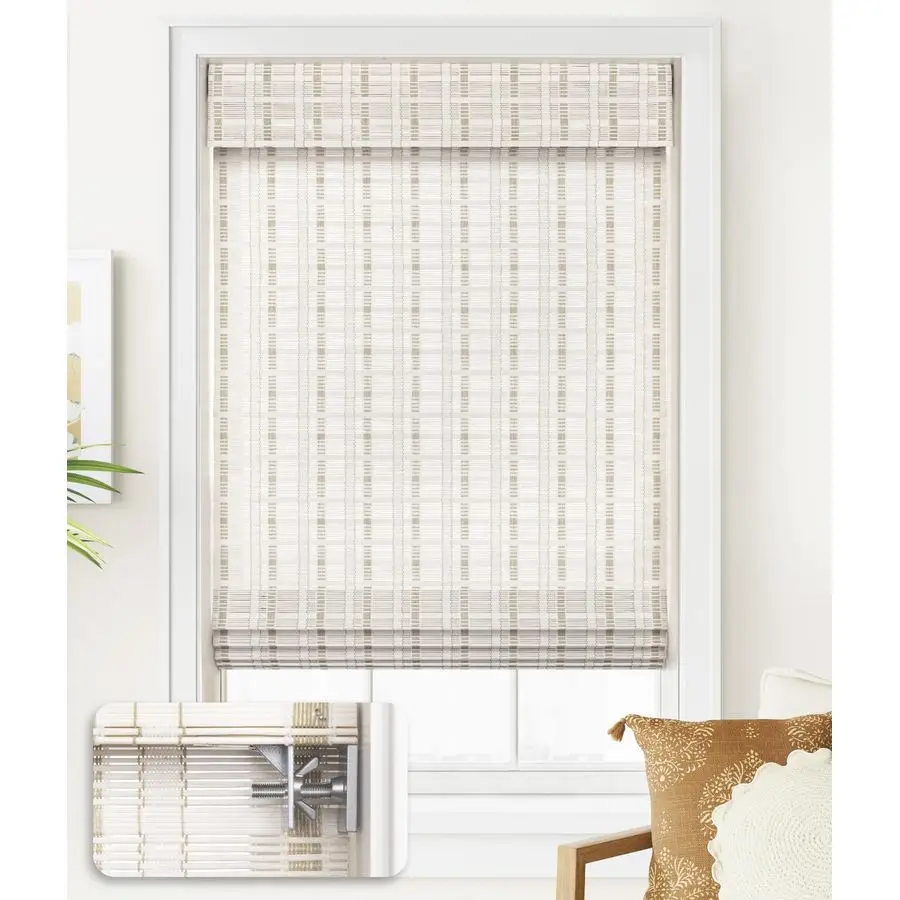 

No Tools No Drill Cordless Bamboo Roman Shades, Light Filtering Window Treatment, Roll Up Bamboo Blinds for Window 35 W x 64 H,