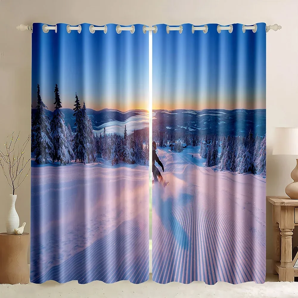 Winter Ski Sports Blackout Window Curtain,Ski Extreme Sport Blackout Curtains 3D Skier Print Curtains Skiing Window Curtain