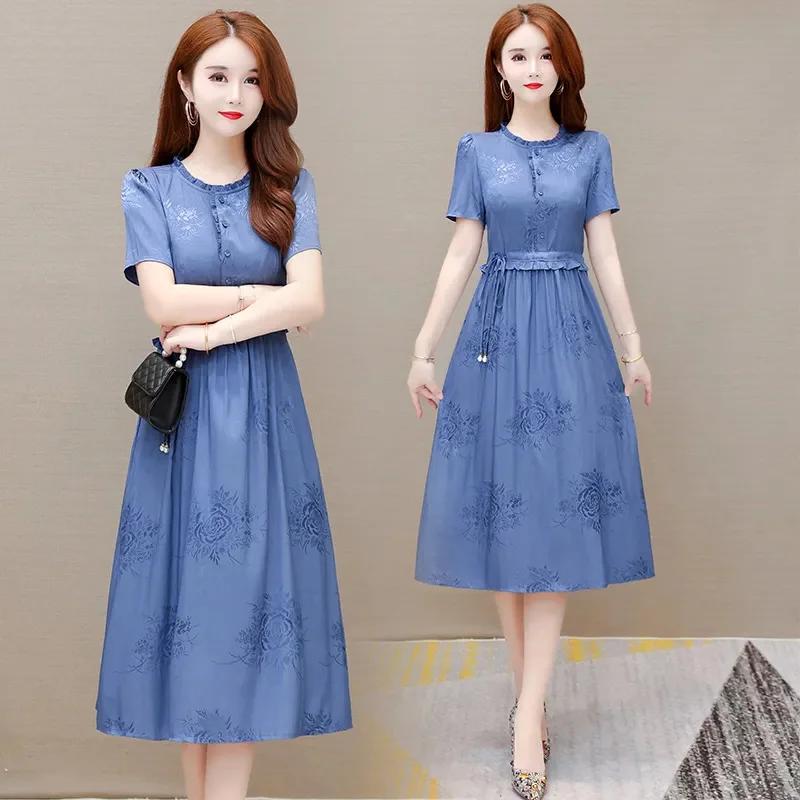 플로럴 드레스 여성 여름 아이스 실크 드레스 2025 신상 여성 롱 드레스 여성 의류 고급 패션 우아함 A라인 드레스 ﻿