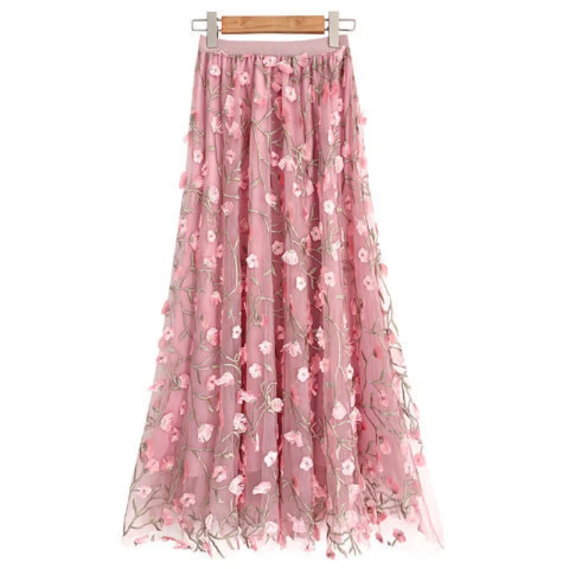 

Mesh Half Skirt Women Spring and Summer New Heavy Industry Embroidery A-line Skirt High Waist Pleated Mid length Skirt Female