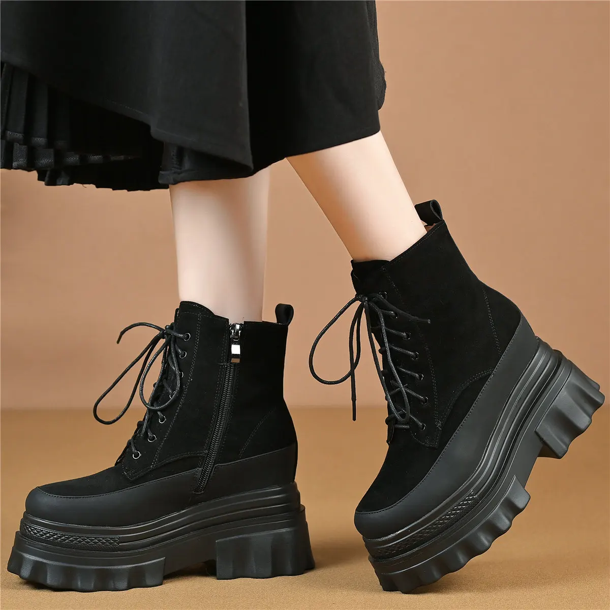 High Top Platform Pumps Shoes Women Genuine Leather Wedges High Heel Ankle Boots Female Round Toe Fashion Sneakers Casual Shoes