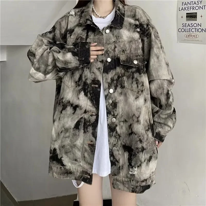 

American Retro tie Dye Denim Jacket for Women 2024 Spring and Autumn New Style Explosive Street Lazy Style Versatile Jacket Top