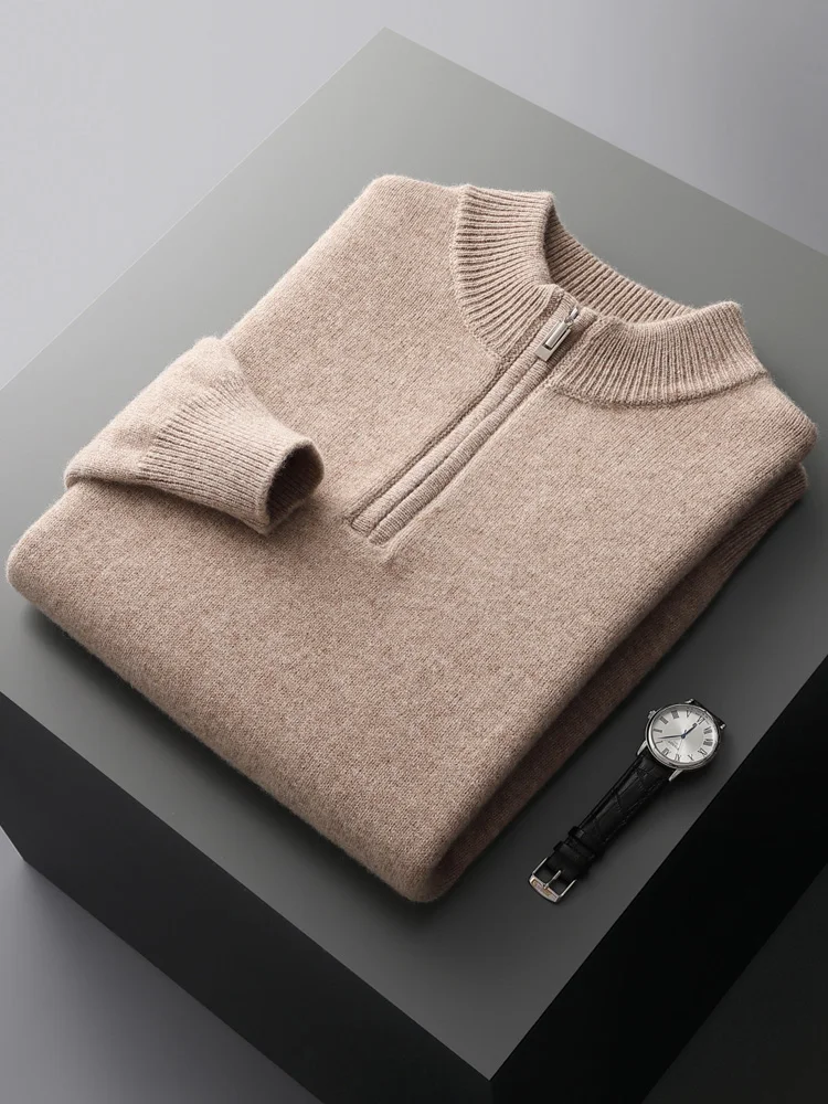 Autumn Winter Men 100% Merino Wool Pullover Mock Neck Knitwear Sweater Long Sleeve Thick Cashmere Bottom Jumper Clothing Tops