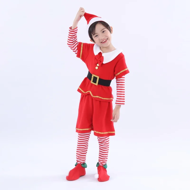 Child Men Holiday Elf Costume Outfit and Hat for Man Boys Christmas Top Pant Accessories Kid Adult Dance Party Halloween Cosplay