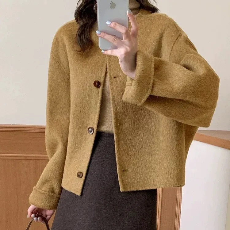 معطف كاميرا دافئ ذو وجهين معطف كاميرا مستدير Ne كوري Sle ملابس خارجية للنساء معطف صوفي للسيدات للشتاء