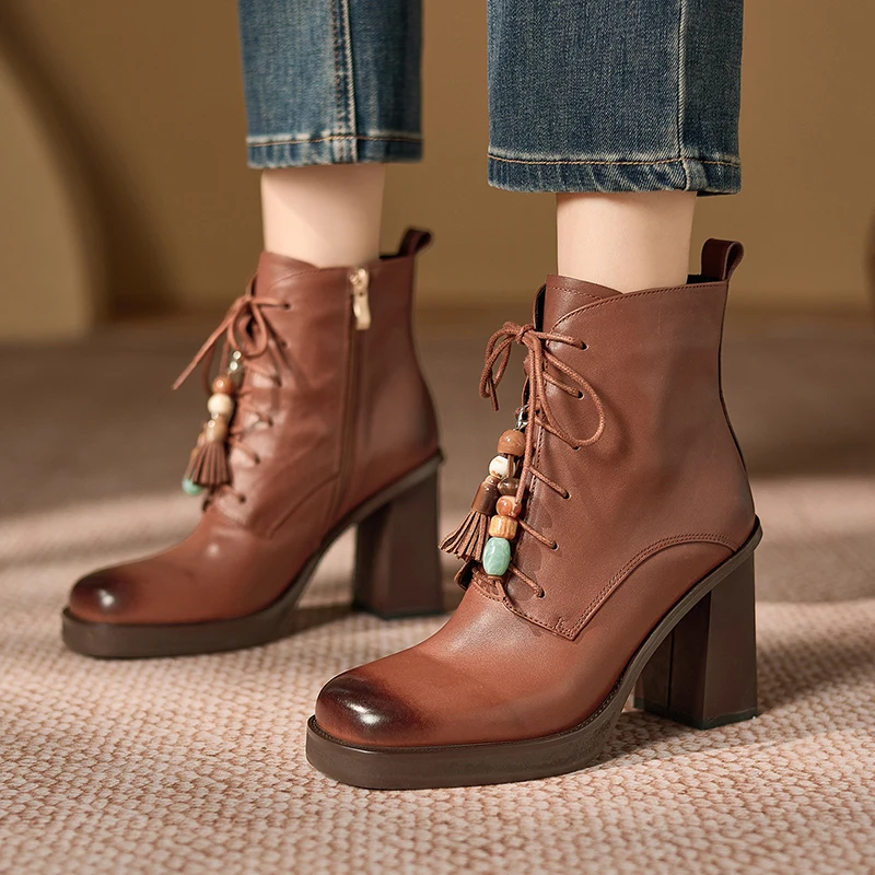 New 2027 Vintage Cow Leather Square Toe Thick High Heels Superstar Modern Career Boots Vintage Lace Up Keep Warm Ankle Boots