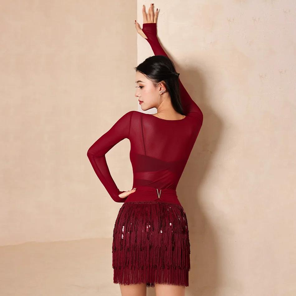 Vestido de baile latino para mujer, Top de malla, faldas con flecos brillantes, conjuntos Cha Samba Rumba, Ropa de baile puesta en escena