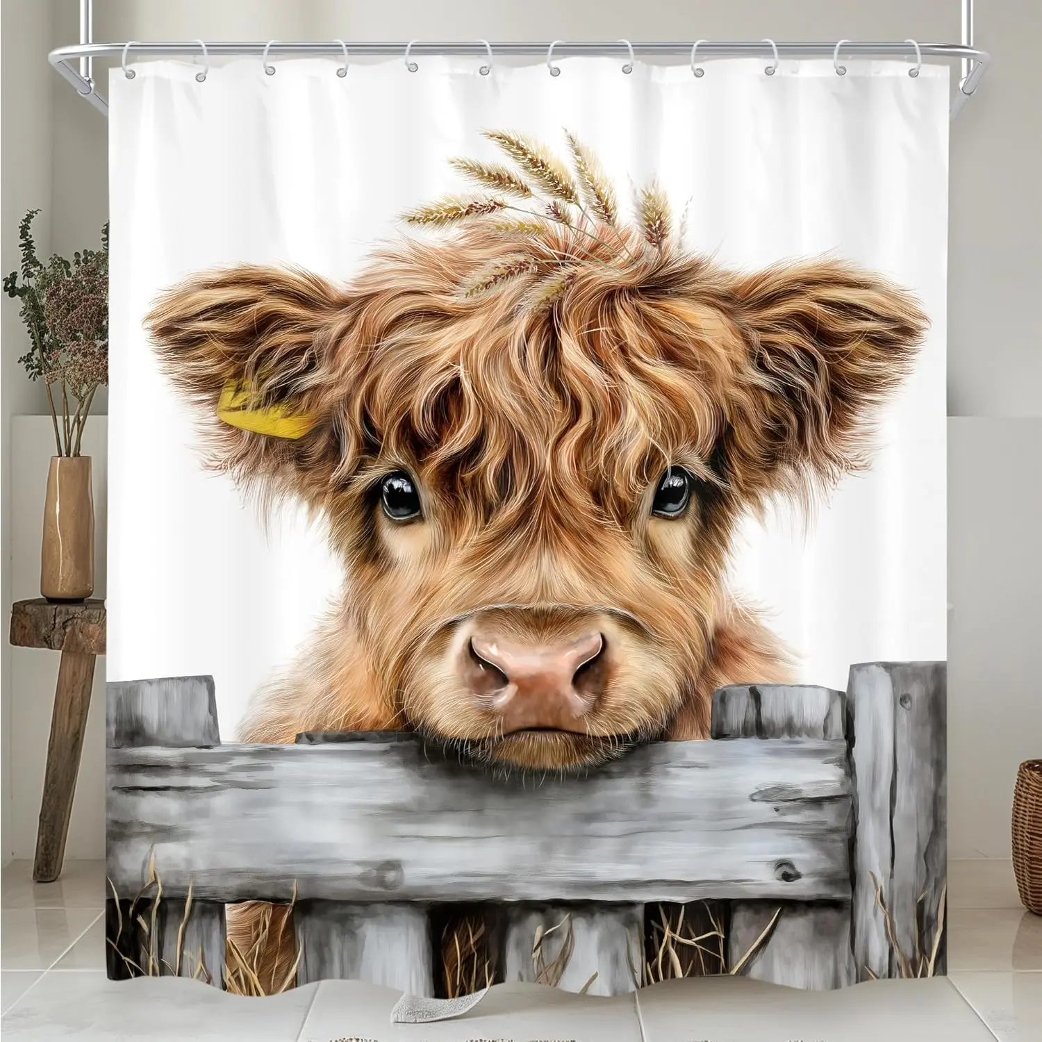 

Cinbloo Funny Farmhouse Highland Cow Shower Curtain Rustic Fun Bull Farm Cute Western Country Animal Brown Decor