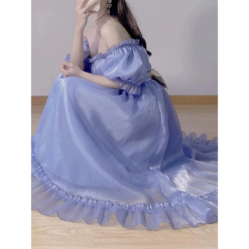여름 세련된 블루 요정 드레스 여성 프랑스 빈티지 퍼프 슬리브 달콤한 공주 드레스 여성 우아한 저녁 파티 미디 베스 티드