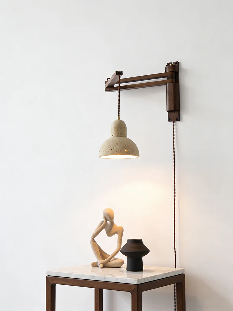 Natural Stone Wall Lamp Wooden Pole Can Rotate Light Reading