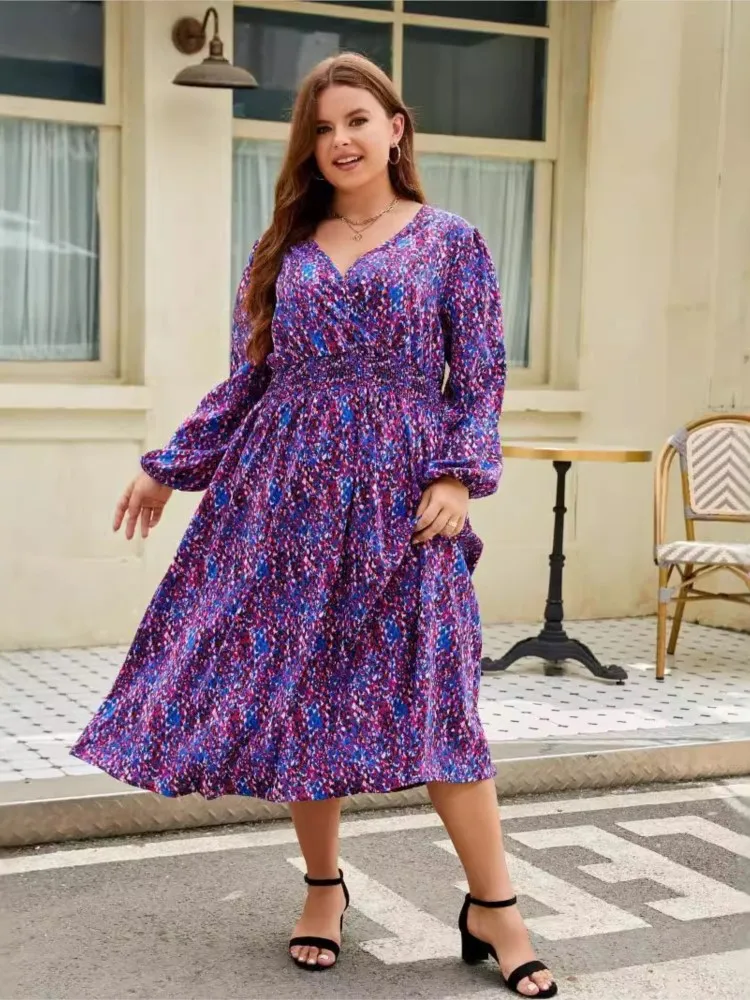 Plus Size Autumn V-Neck Ruffle Dress Women Loose Pleated Fashion Floral Print Ladies Dresses Long Sleeve Casual Woman Dress