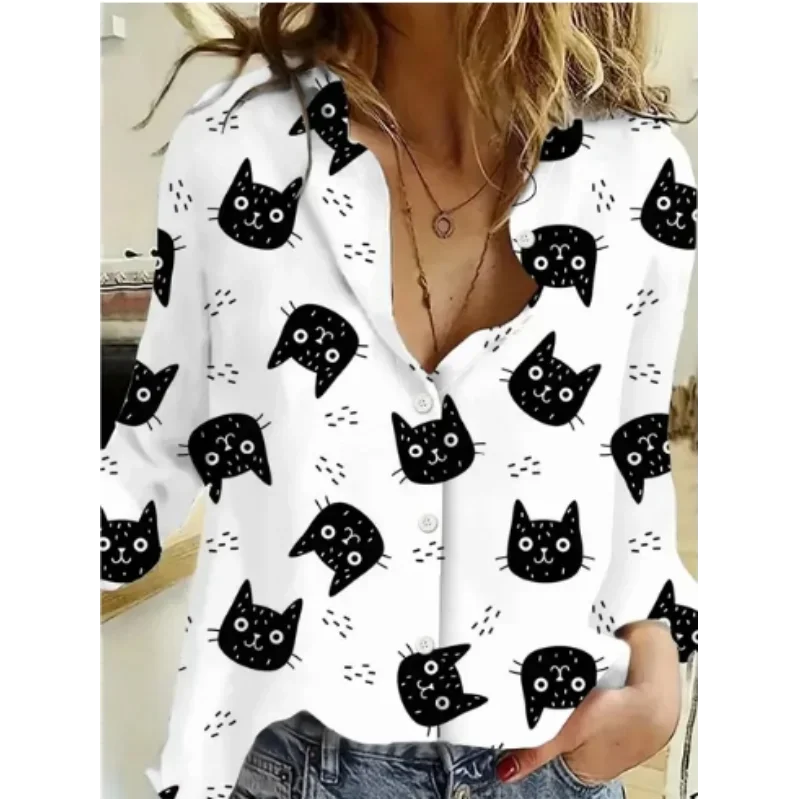 Cute Animal Prints Shirt Women\'s Tops Cartoon Cat Pattern Personalized Street Long Sleeve Tops Fashion Women\'s Trend Blouses Top