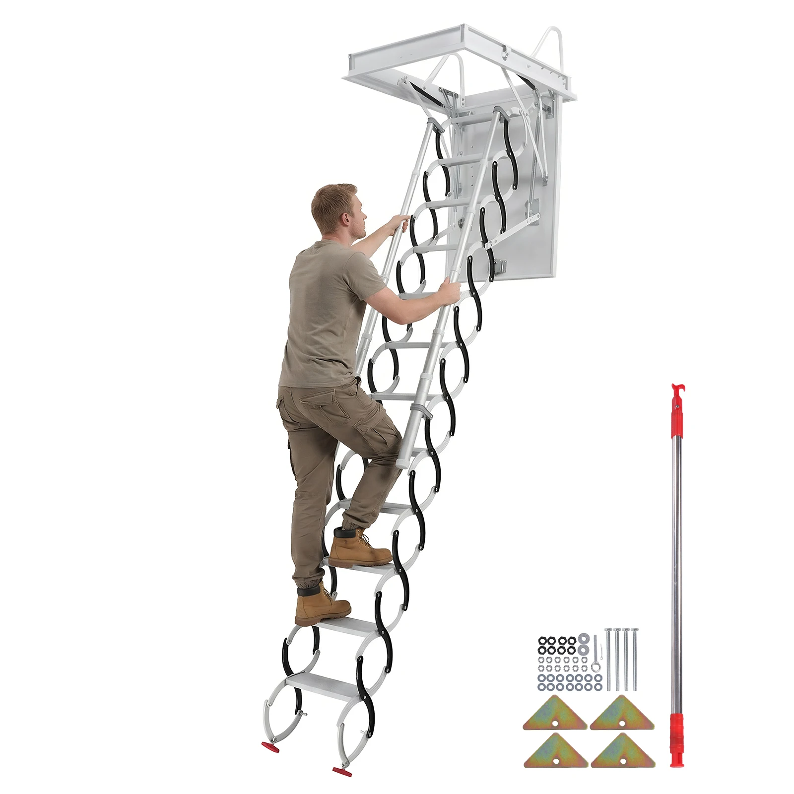 

Folding Loft Ladders with Handrails Carbon Steel Attic Staircases 660LBS Capacity Pull Down System for Garages/Roofs/Basements