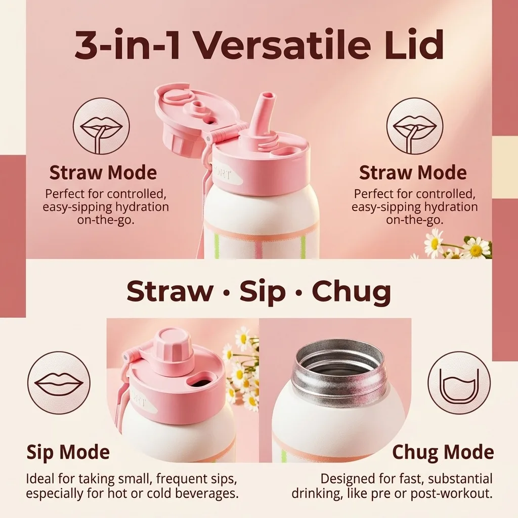 Titanium Water Bottle 600ml Insulated Thermos with Straw 3 in 1 Lid Leak Proof BPA Free for Sports Travel Gift
