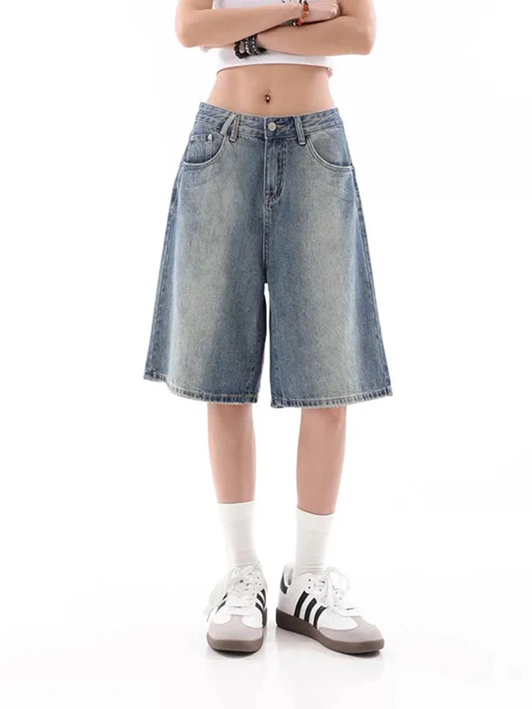 

Fashion Blue Women's Shorts Jeans High Waist Straight Pants Streetwear Y2K 90s Vintage Female Wide Leg Denim Five Points Trouser