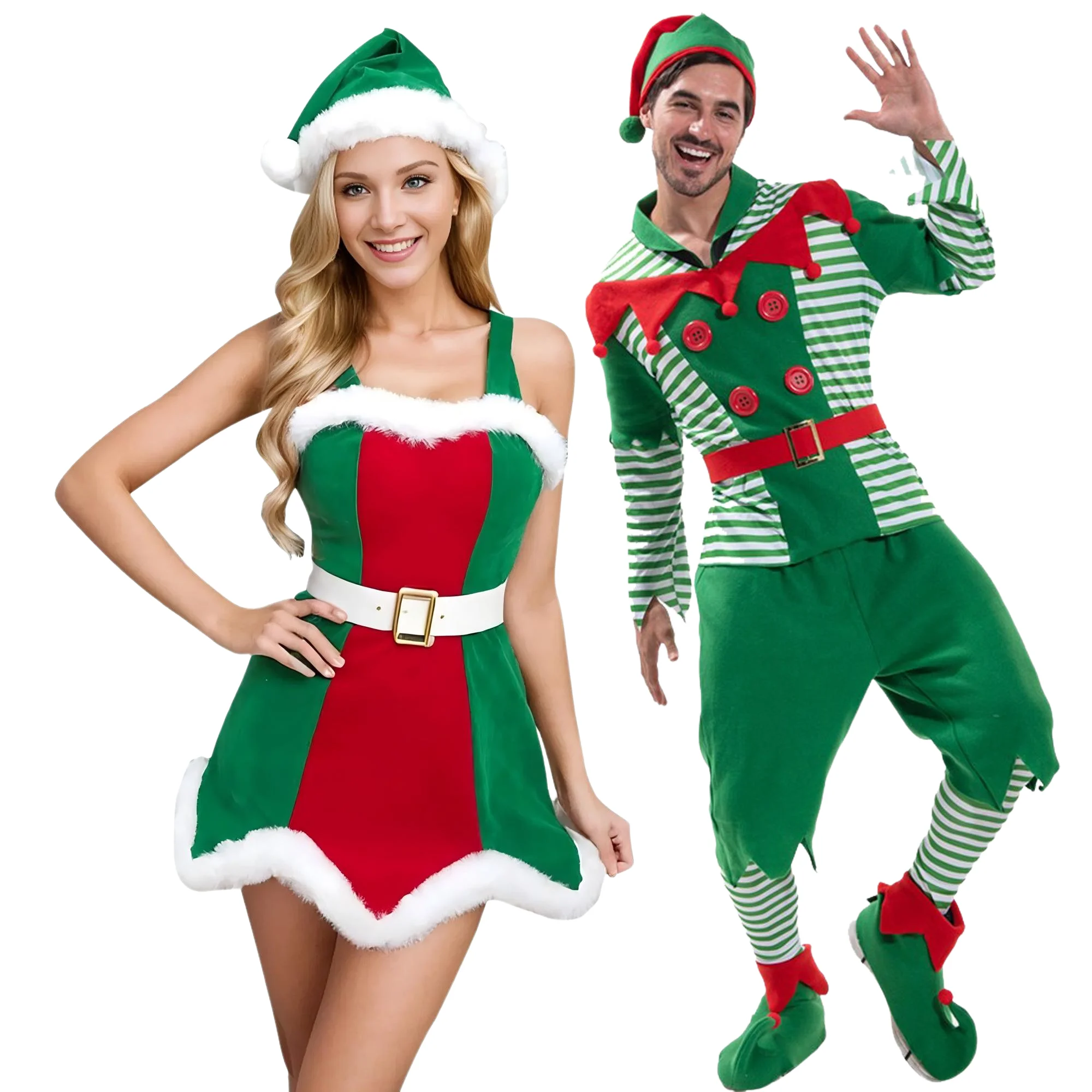 Kerst Elf Kostuum Nieuwjaar Groene Pakken Volwassen Xmas Party Outfits Vrouwen Mouwloze Jurk Mannen Vermomming Slijtage Paar Dress Up Set