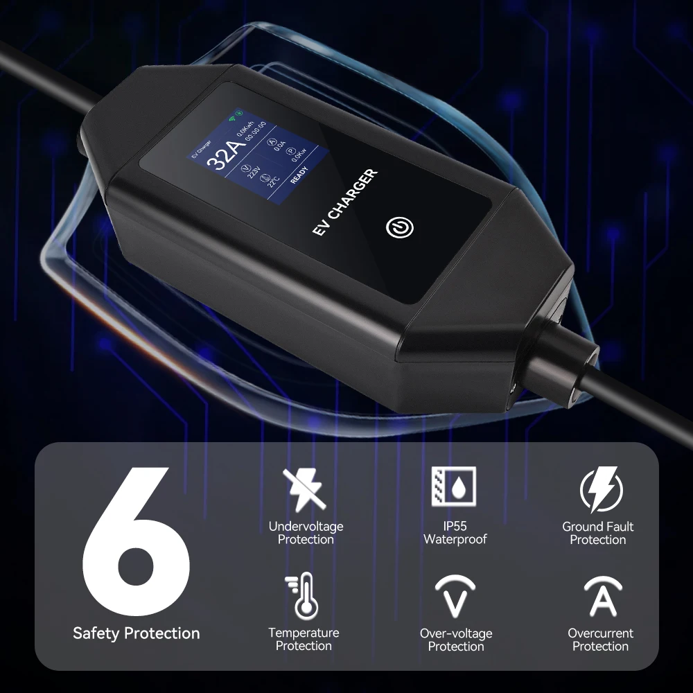 7KW Type2 IEC62196-2 شاحن EV محمول 32A 1 المرحلة Type1 J1772 EVSE كابل شحن سريع GBT 20234 CEE التوصيل التحكم اللاسلكي في التطبيقات