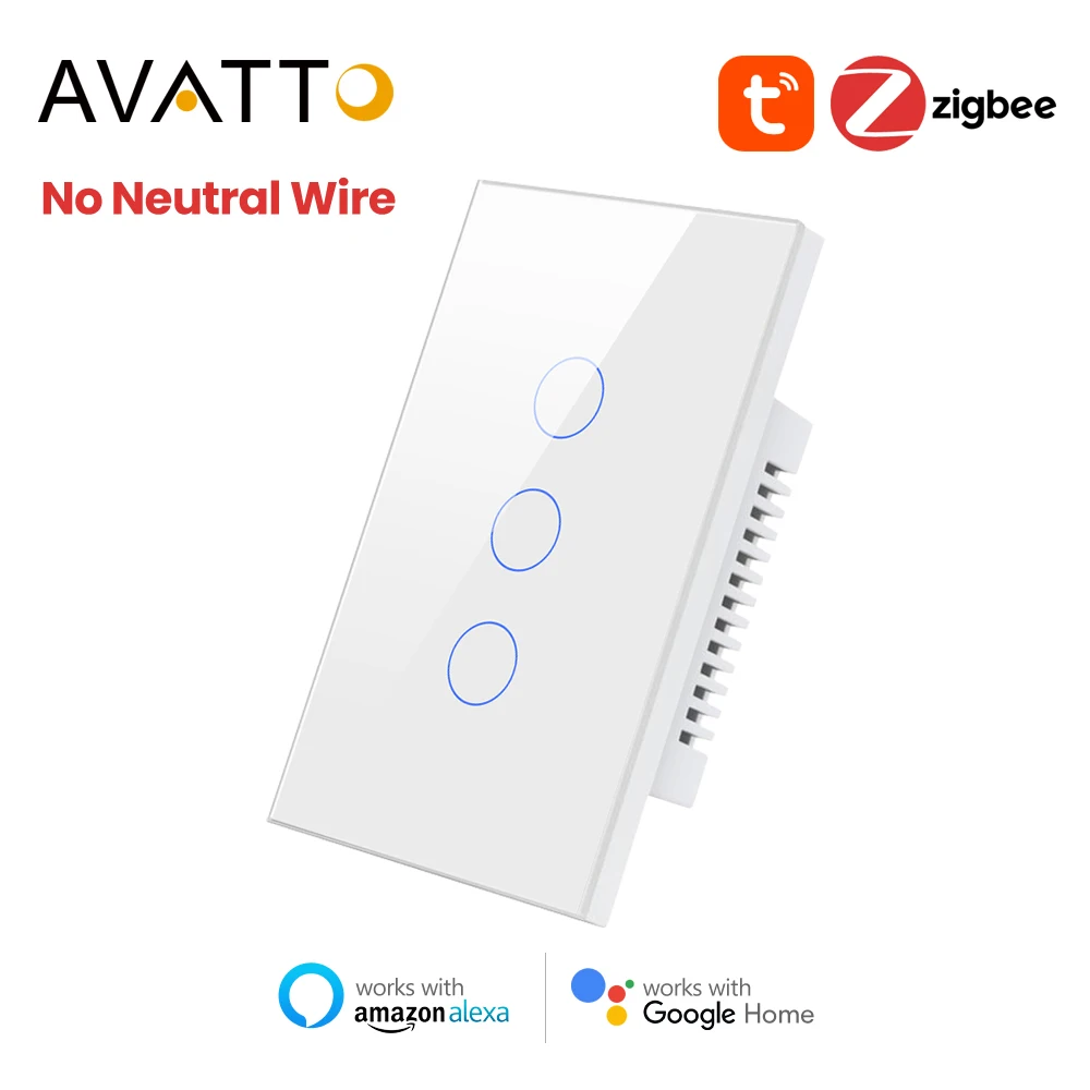 

AVATTO Tuya Zigbee Wall Switch No Neutral Wire No Capacitor Required, Smart Light Switch 1/2/3 gang Works for Alexa /Google Home