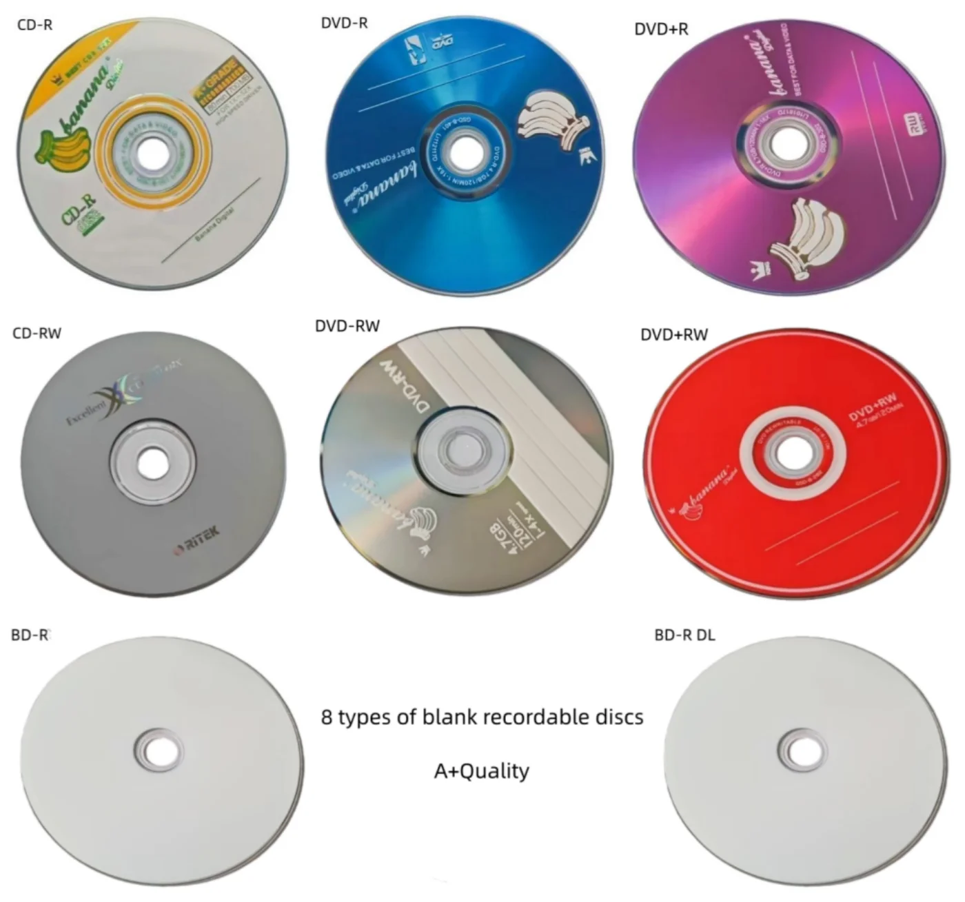 DVD-R DVD-RW DVD+R DVD+RW CD-R CD-RW BD-R DL Blank Recordable Disc